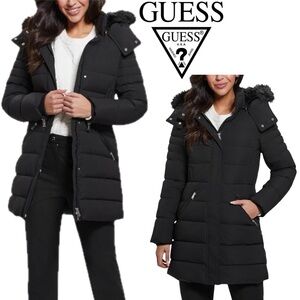 GUESS Black Hooded Puffer Jacket Removable Faux Fur Trim Water-resistant Medium